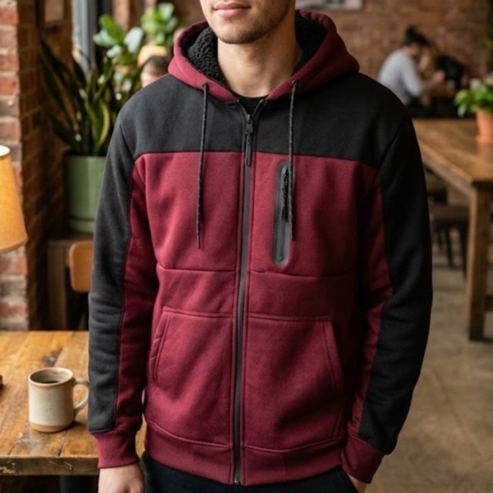 Modern Culture Men's Faux Sherpa Lined Zip-Up Hooded Jacket.